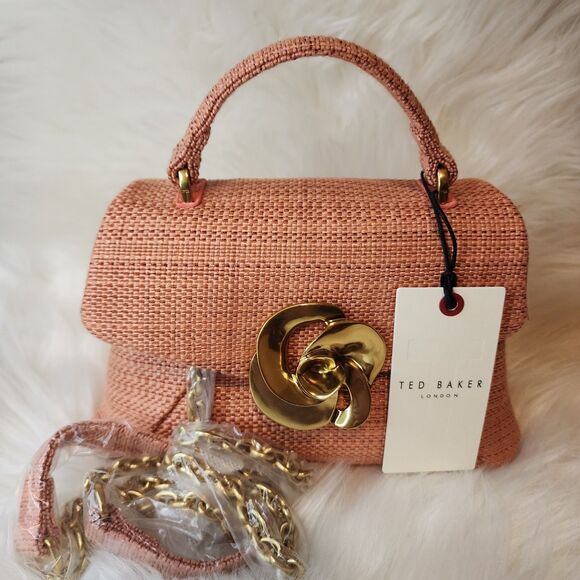 Ted Baker Pink Poppy Golden Rose Flower Woven Evening Bag Top Handle Crossbody - Picture 1 of 10